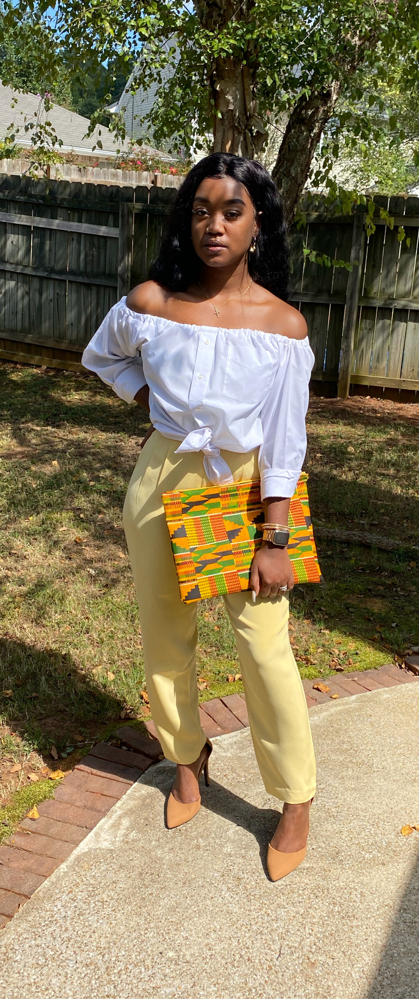 Yellow off store shoulder top outfit